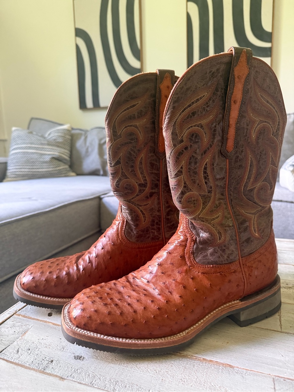 Lucchese Men's Orange Ostrich Foot with Brown Embroidered Shaft Western Boots